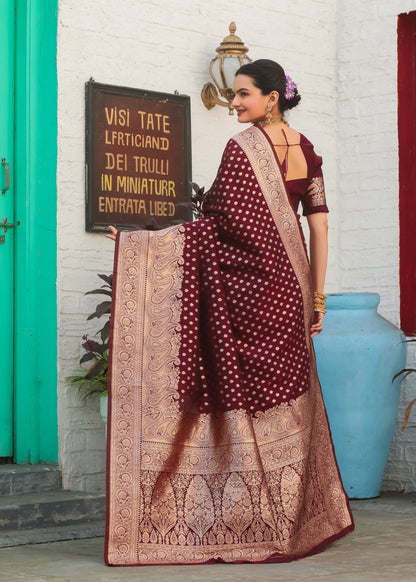KeKoVi Women's Dark Green Banarasi Silk Saree with Rich Gold Zari Border & Unstitched Blouse | Wedding, Festive & Party Wear