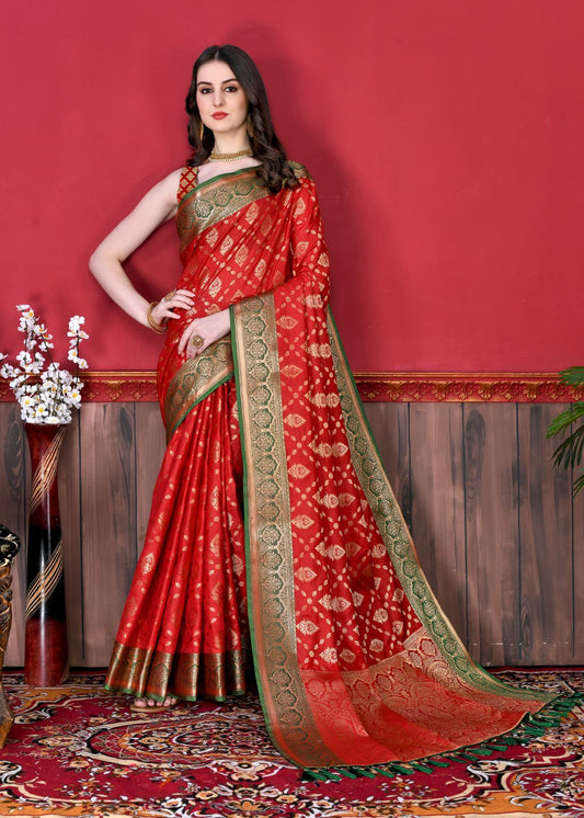 Red Color Exclusive Soft Silk Zari Woven Work With Rich Pallu and Contrast Border With Tessels Women's Saree with Unstiched Blouse Pieces.