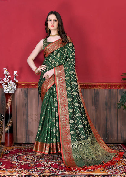 Dark Green Color Exclusive Soft Silk Zari Woven Work With Rich Pallu and Contrast Border With Tessels Women's Saree with Unstiched Blouse Pieces.