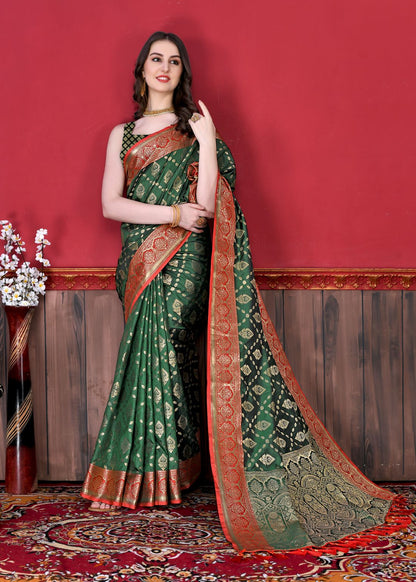 Dark Green Color Exclusive Soft Silk Zari Woven Work With Rich Pallu and Contrast Border With Tessels Women's Saree with Unstiched Blouse Pieces.