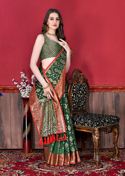 Dark Green Color Exclusive Soft Silk Zari Woven Work With Rich Pallu and Contrast Border With Tessels Women's Saree with Unstiched Blouse Pieces.