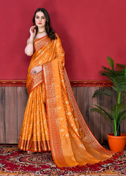 Orange Color Exclusive Soft Silk Zari Woven Work With Rich Pallu and Contrast Border With Tessels Women's Saree with Unstiched Blouse Pieces.