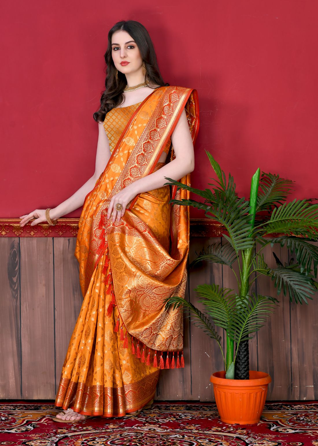 Orange Color Exclusive Soft Silk Zari Woven Work With Rich Pallu and Contrast Border With Tessels Women's Saree with Unstiched Blouse Pieces.