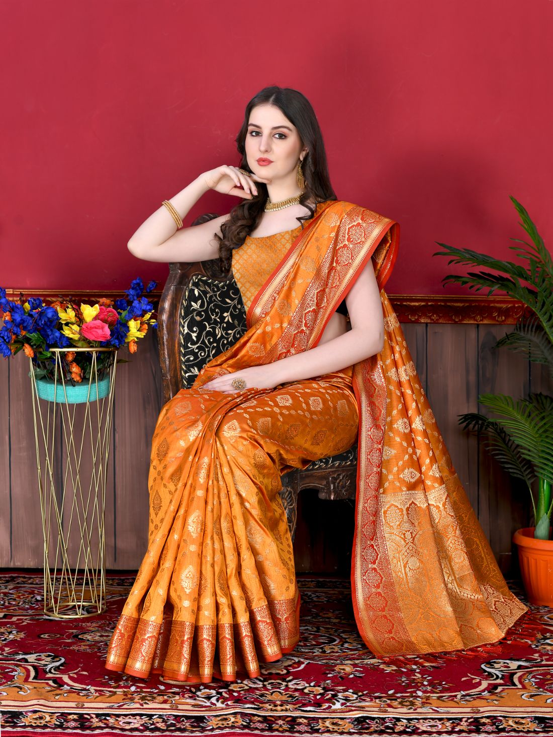 Orange Color Exclusive Soft Silk Zari Woven Work With Rich Pallu and Contrast Border With Tessels Women's Saree with Unstiched Blouse Pieces.