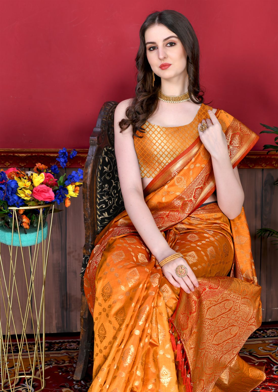 Orange Color Exclusive Soft Silk Zari Woven Work With Rich Pallu and Contrast Border With Tessels Women's Saree with Unstiched Blouse Pieces.