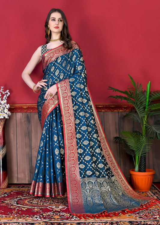 Nevy Blue Color Exclusive Soft Silk Zari Woven Work With Rich Pallu and Contrast Border With Tessels Women's Saree with Unstiched Blouse Pieces.