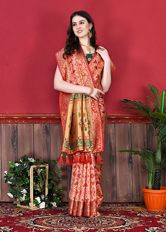 Red Color Women's Soft Patola Silk meenakari weawing motifs with Rich Zari Pallu and contrast border with Tessels.