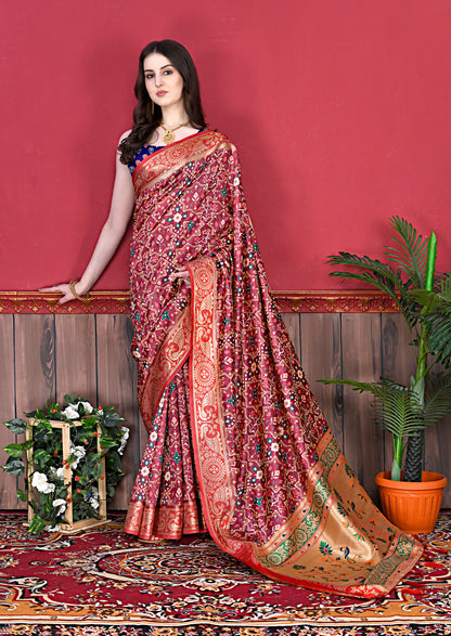 Maroon Color Women's Soft Patola Silk meenakari weawing motifs with Rich Zari Pallu and contrast border with Tessels.