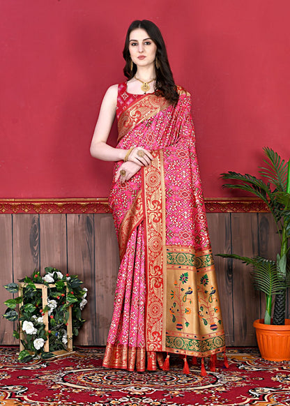 Pink Color Women's Soft Patola Silk meenakari weawing motifs with Rich Zari Pallu and contrast border with Tessels.