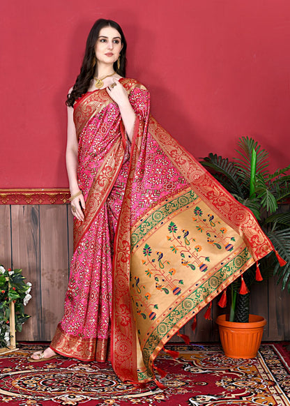 Pink Color Women's Soft Patola Silk meenakari weawing motifs with Rich Zari Pallu and contrast border with Tessels.