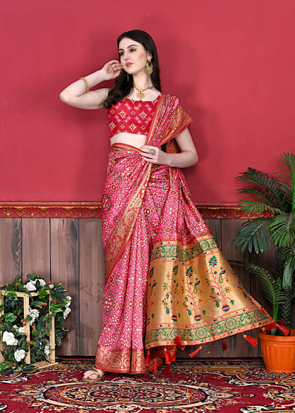 Pink Color Women's Soft Patola Silk meenakari weawing motifs with Rich Zari Pallu and contrast border with Tessels.