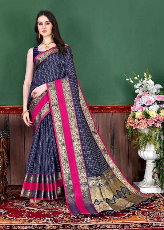 Nevy Blue Color Beautiful Checked Designer Soft Silk Saree For Women with Unstiched Blouse Pieces