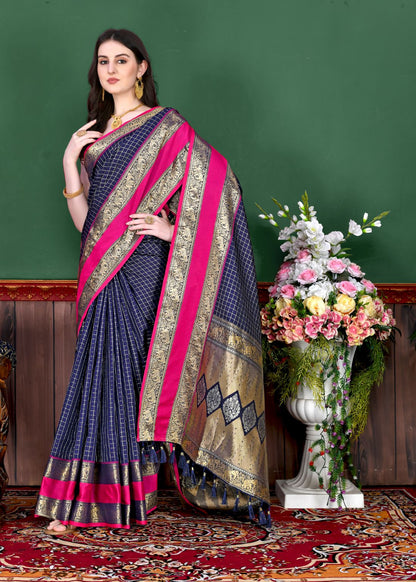 Nevy Blue Color Beautiful Checked Designer Soft Silk Saree For Women with Unstiched Blouse Pieces