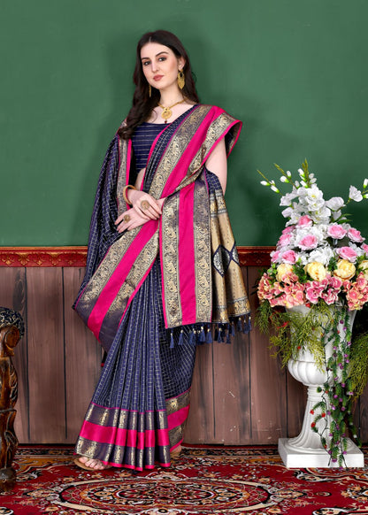 Nevy Blue Color Beautiful Checked Designer Soft Silk Saree For Women with Unstiched Blouse Pieces