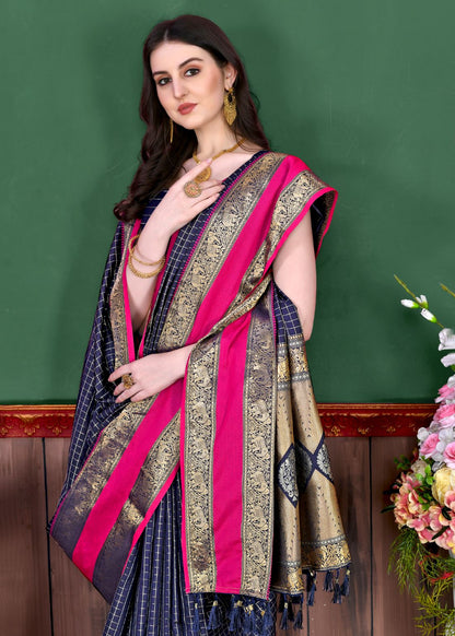 Nevy Blue Color Beautiful Checked Designer Soft Silk Saree For Women with Unstiched Blouse Pieces