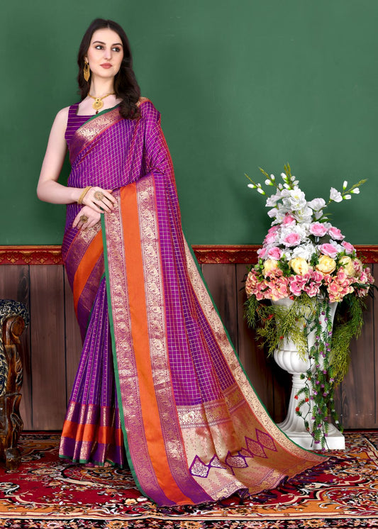 Purple Color Beautiful Checked Designer Soft Silk Saree For Women with Unstiched Blouse Pieces