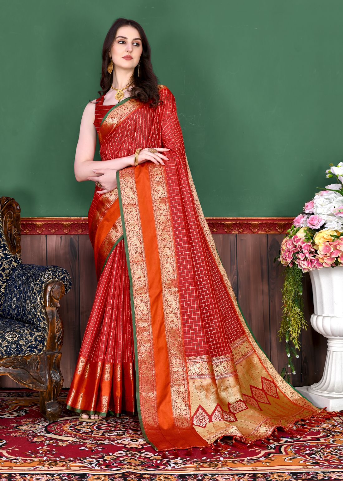 Red Color Beautiful Checked Designer Soft Silk Saree For Women with Unstiched Blouse Pieces