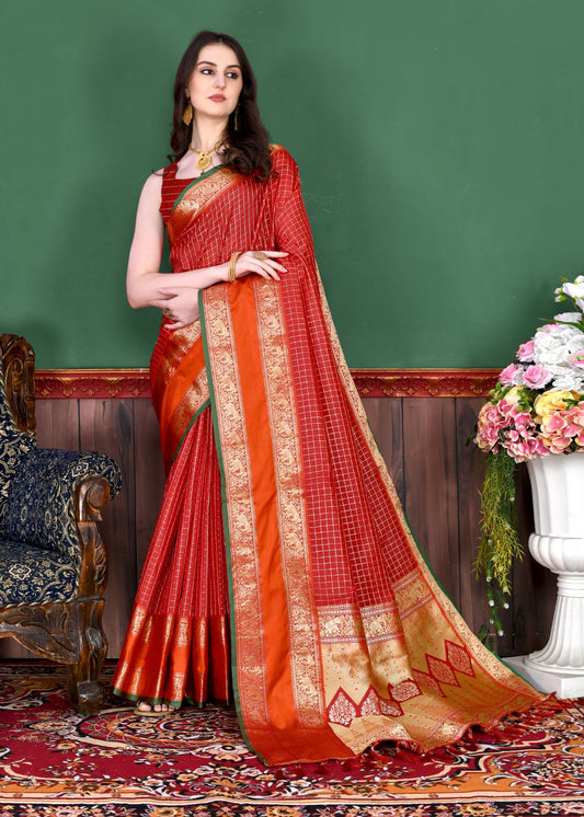 Red Color Beautiful Checked Designer Soft Silk Saree For Women with Unstiched Blouse Pieces