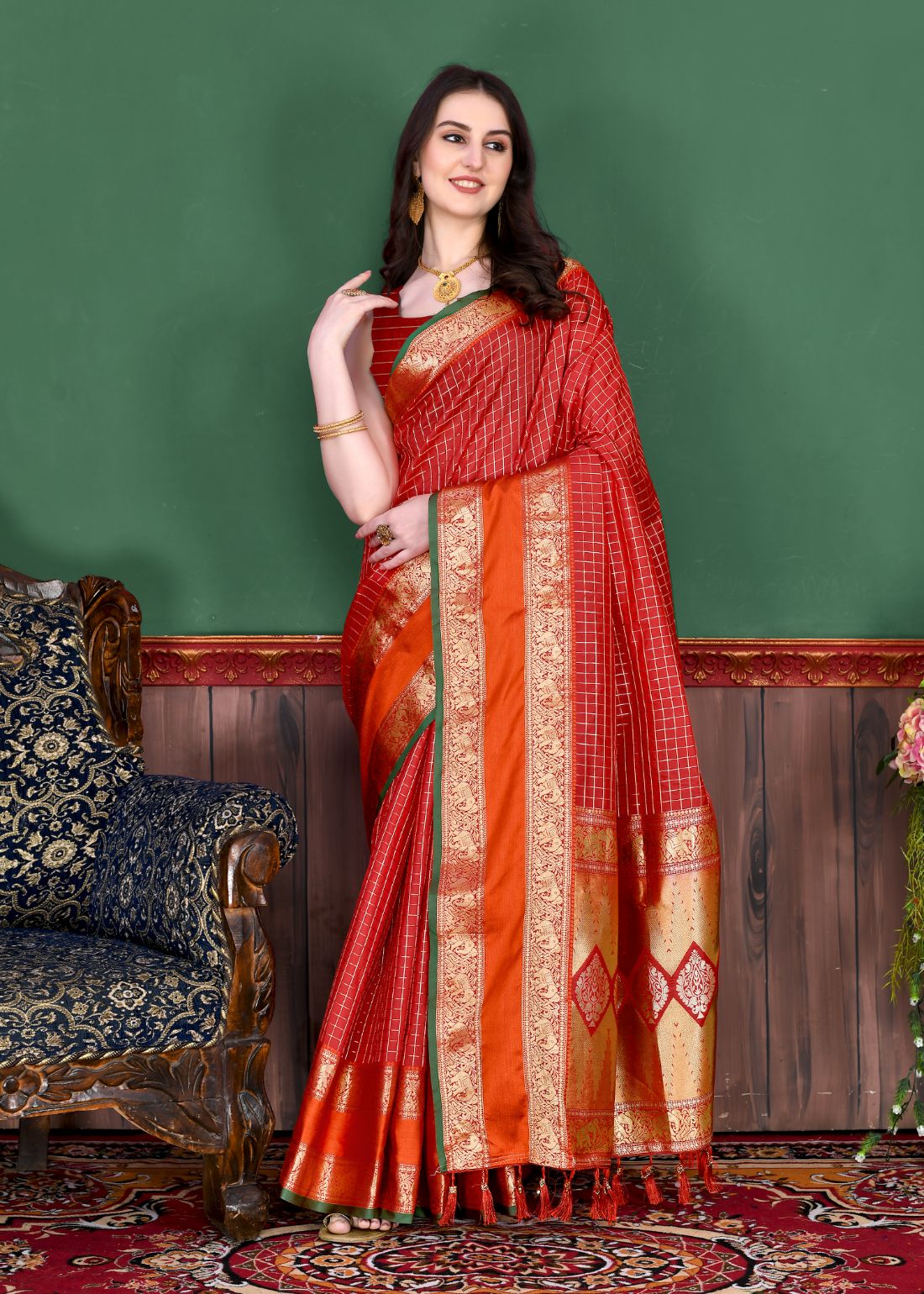 Red Color Beautiful Checked Designer Soft Silk Saree For Women with Unstiched Blouse Pieces