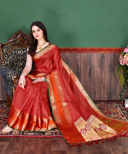 Red Color Beautiful Checked Designer Soft Silk Saree For Women with Unstiched Blouse Pieces