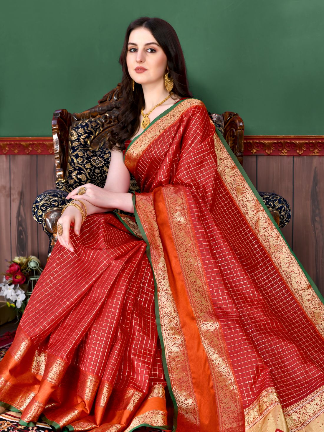 Red Color Beautiful Checked Designer Soft Silk Saree For Women with Unstiched Blouse Pieces