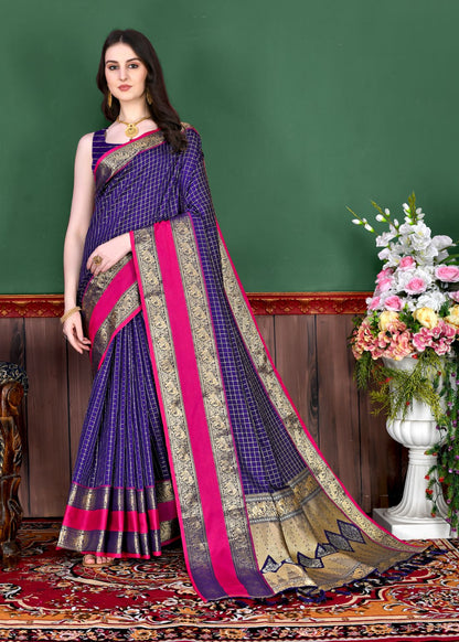 Royal Blue Color Beautiful Checked Designer Soft Silk Saree For Women with Unstiched Blouse Pieces