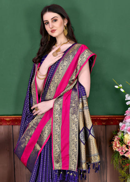 Royal Blue Color Beautiful Checked Designer Soft Silk Saree For Women with Unstiched Blouse Pieces