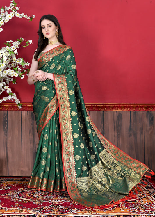 Dark Green Color Exclusive Soft Silk Zari Woven Work With Rich Pallu and Contrast Border With Tessels Women's Saree with Unstiched Blouse Pieces.