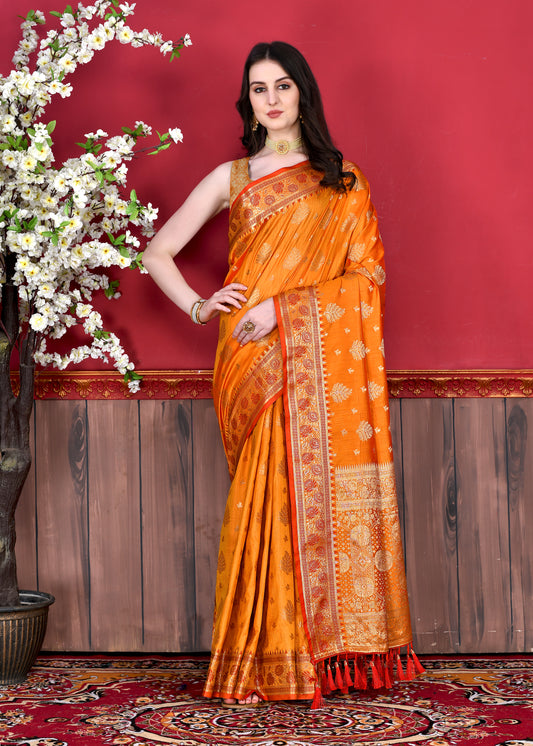 Orange Color Exclusive Soft Silk Zari Woven Work With Rich Pallu and Contrast Border With Tessels Women's Saree with Unstiched Blouse Pieces.