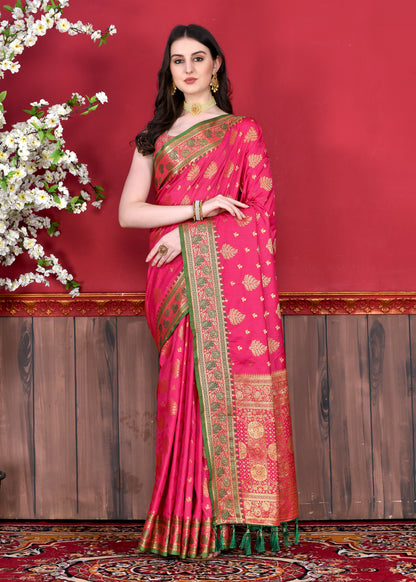 Pink Color Exclusive Soft Silk Zari Woven Work With Rich Pallu and Contrast Border With Tessels Women's Saree with Unstiched Blouse Pieces.