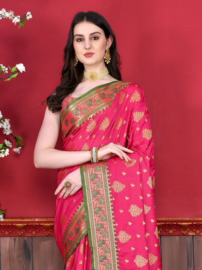 Pink Color Exclusive Soft Silk Zari Woven Work With Rich Pallu and Contrast Border With Tessels Women's Saree with Unstiched Blouse Pieces.