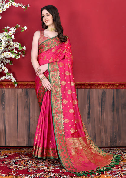 Pink Color Exclusive Soft Silk Zari Woven Work With Rich Pallu and Contrast Border With Tessels Women's Saree with Unstiched Blouse Pieces.