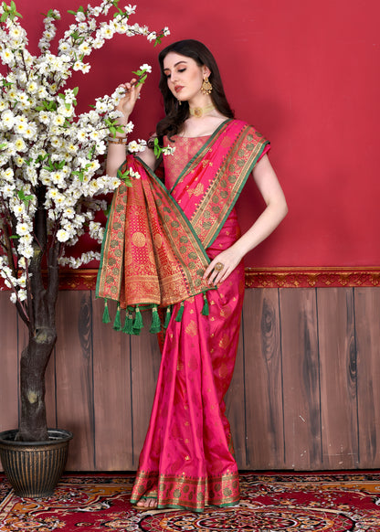 Pink Color Exclusive Soft Silk Zari Woven Work With Rich Pallu and Contrast Border With Tessels Women's Saree with Unstiched Blouse Pieces.