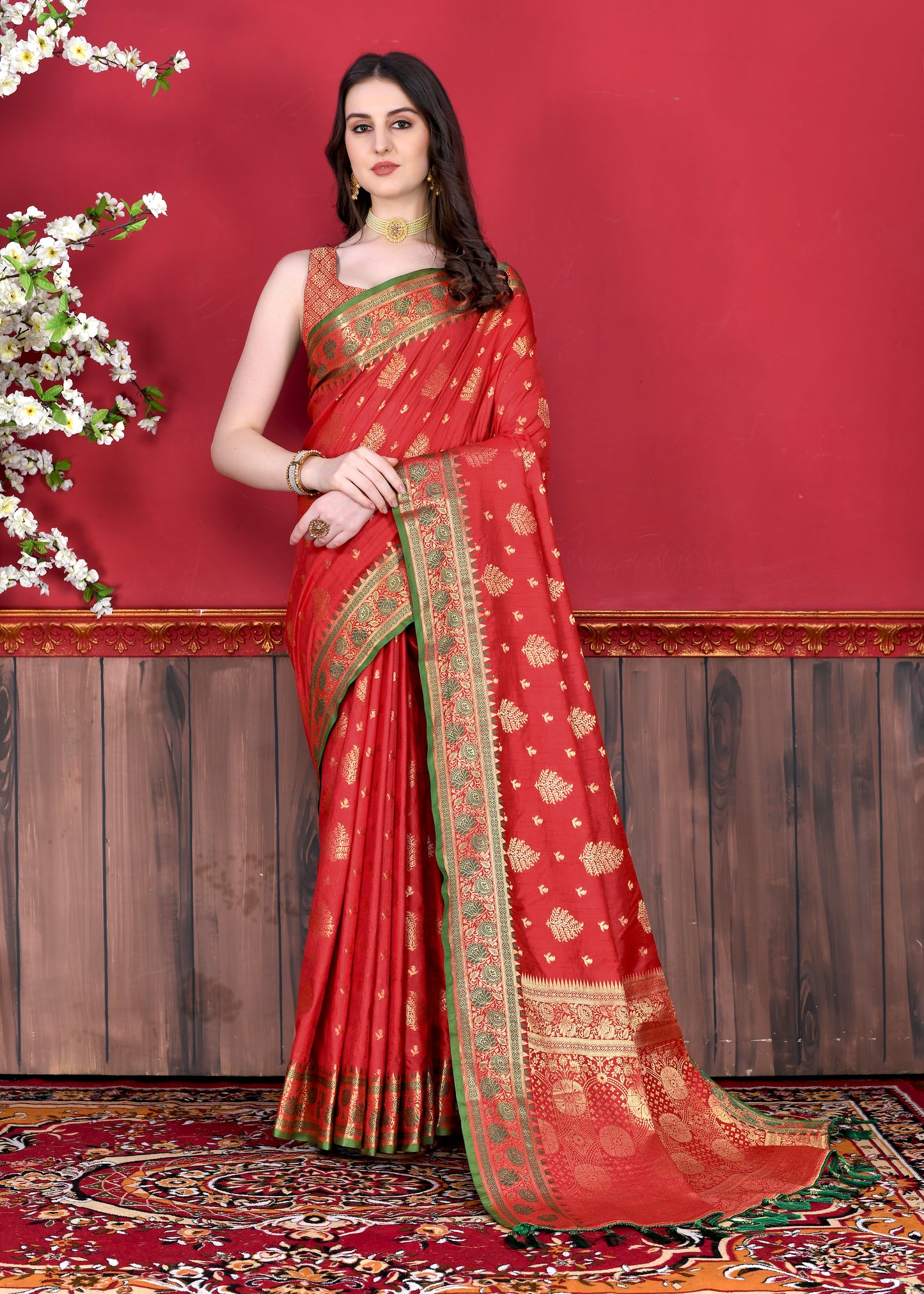 Red Color Exclusive Soft Silk Zari Woven Work With Rich Pallu and Contrast Border With Tessels Women's Saree with Unstiched Blouse Pieces.