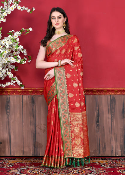 Red Color Exclusive Soft Silk Zari Woven Work With Rich Pallu and Contrast Border With Tessels Women's Saree with Unstiched Blouse Pieces.