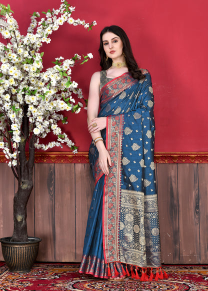 Nevy Blue Color Exclusive Soft Silk Zari Woven Work With Rich Pallu and Contrast Border With Tessels Women's Saree with Unstiched Blouse Pieces.