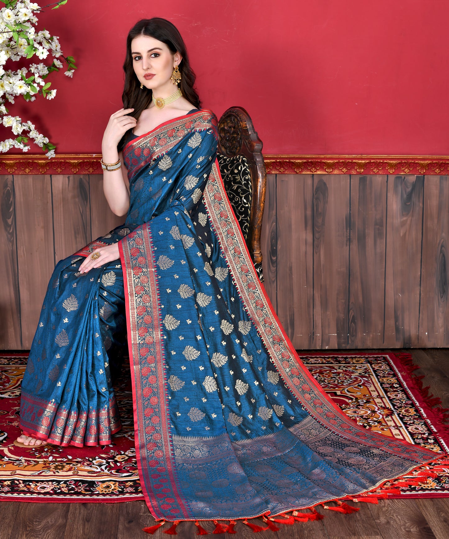 Nevy Blue Color Exclusive Soft Silk Zari Woven Work With Rich Pallu and Contrast Border With Tessels Women's Saree with Unstiched Blouse Pieces.