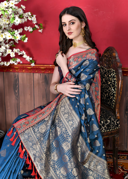 Nevy Blue Color Exclusive Soft Silk Zari Woven Work With Rich Pallu and Contrast Border With Tessels Women's Saree with Unstiched Blouse Pieces.