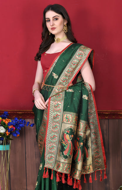 Soft Paithani Silk Saree with Gold Zari Weaving Motifs