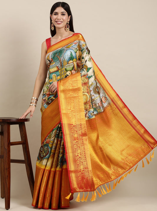 Soft Kanjivaram Silk Saree with Kalamkari Design