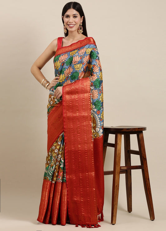 Soft Kanjivaram Silk Saree with Kalamkari Design