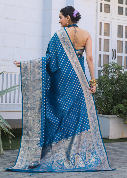 KeKoVi Women's Dark Green Banarasi Silk Saree with Rich Gold Zari Border & Unstitched Blouse | Wedding, Festive & Party Wear