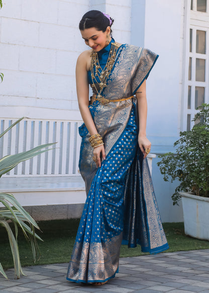 KeKoVi Women's Dark Green Banarasi Silk Saree with Rich Gold Zari Border & Unstitched Blouse | Wedding, Festive & Party Wear