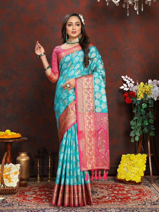 Light Blue & Pink Color Women’s Zari Woven Designer Soft Organza Silk Saree and Rich Pallu Weawing Unstitched Blouse With Blouse Piece.