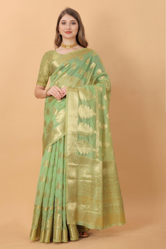 Light Green Color Women’s Rich Golden Zari Woven Soft Organza Silk Saree with Unstitched Blouse Piece.