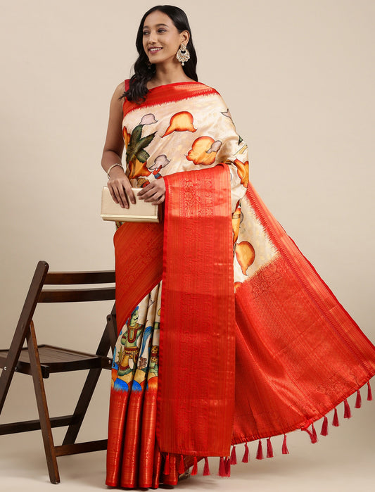 Soft Kanjivaram Silk Saree with Kalamkari Design