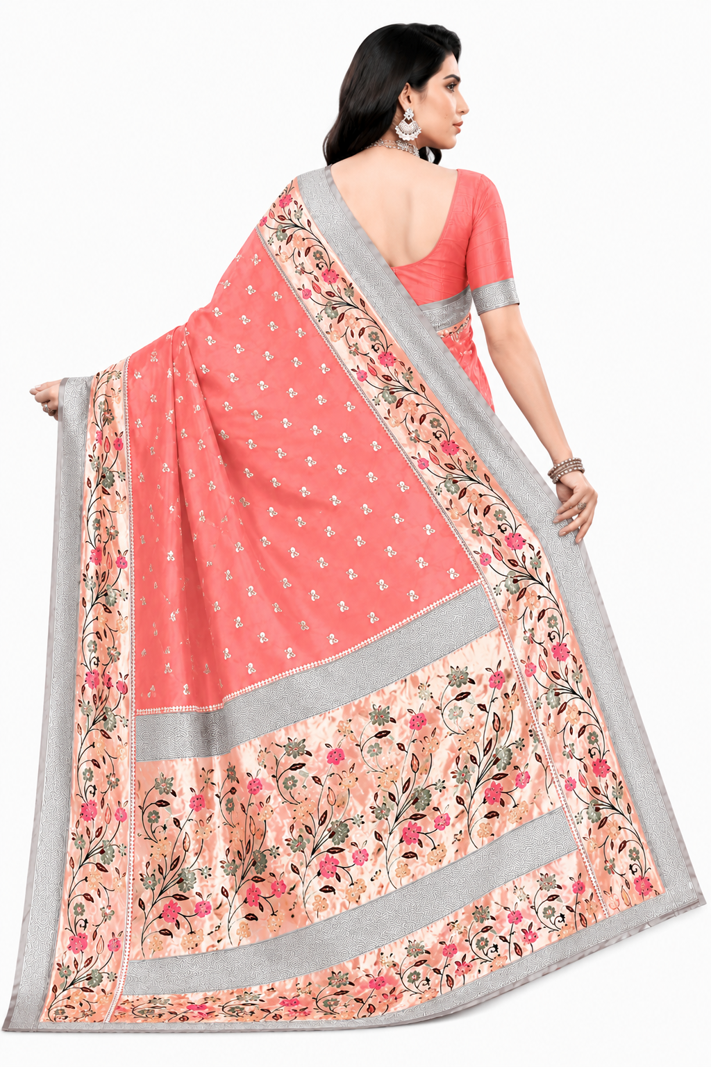 KeKoVi Black Floral Soft Silk Saree with Silver Woven Border & Unstitched Blouse | Party Wear | Wedding & Festive Saree
