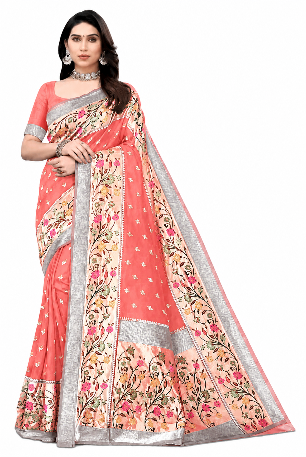 KeKoVi Black Floral Soft Silk Saree with Silver Woven Border & Unstitched Blouse | Party Wear | Wedding & Festive Saree