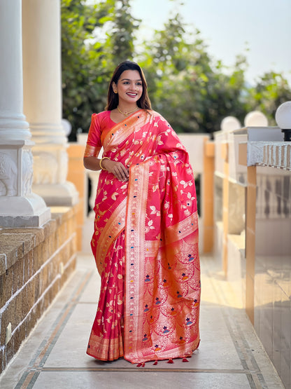 Soft Banarasi Silk Red Color Festival Wear Weaving Saree