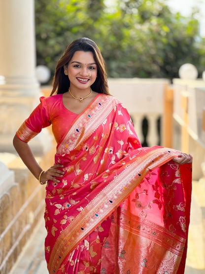 Soft Banarasi Silk Red Color Festival Wear Weaving Saree